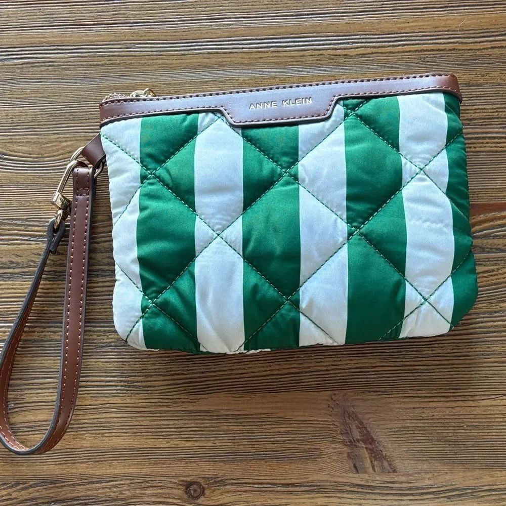 Anne Klein Green and White Striped Wristlet